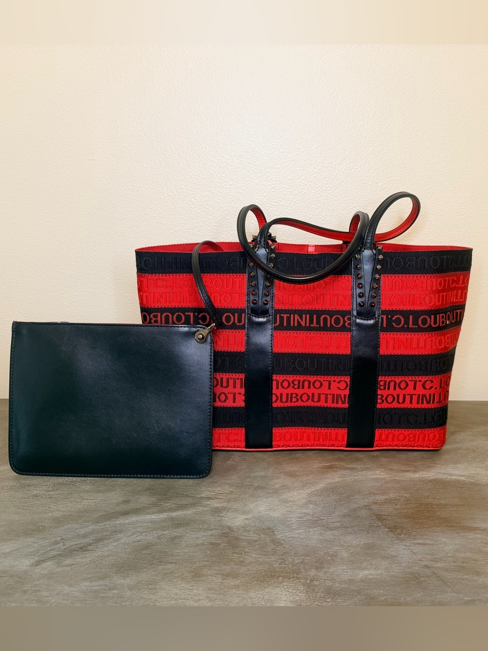 Christian Louboutin Black & Red Striped Canvas Cabata Tote Bag with Pouch